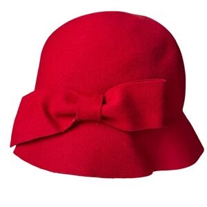 Charter Club Red Felt Cloche Hat 100% Wool Made in Italy Bow Detail